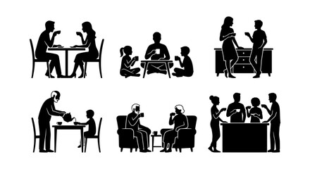 Fototapeta premium Family Gathering Silhouettes, People Enjoying Coffee & Tea, Social Interactions Vector Set