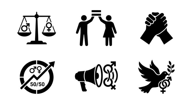 Equality Icons: Gender Balance, Partnership, Peace, Megaphone, Justice Scales