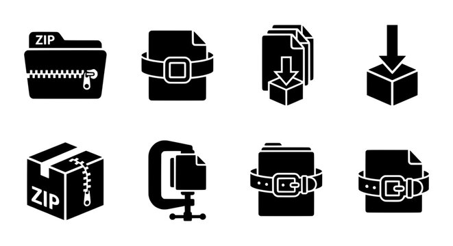 Zip File Icons, Compression Symbols, Data Archive Vector Graphics, Download Box