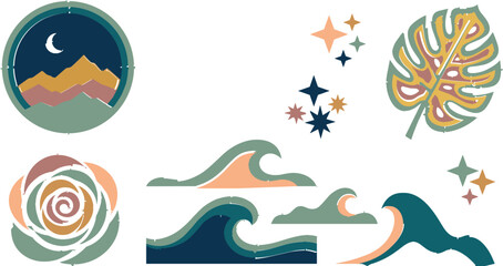 Fototapeta premium Boho nature clipart set with mountain landscape crescent moon and ocean waves vector