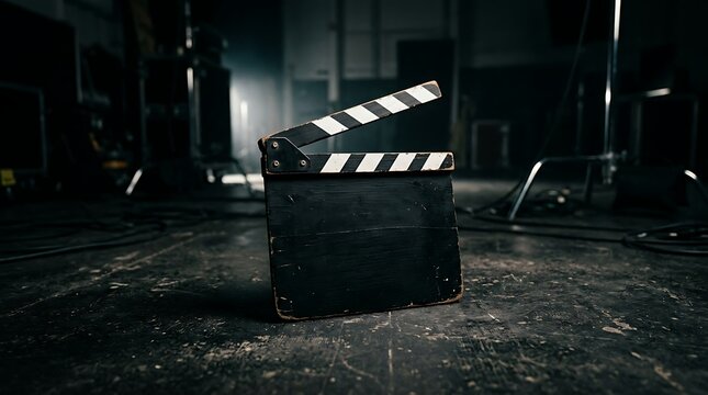 A film slate clapperboard standing on a dark cinematic stage set.