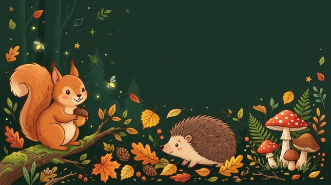 Cute squirrel and hedgehog in an autumn forest with mushrooms and fallen leaves, whimsical woodland animal background for children's books and educational materials