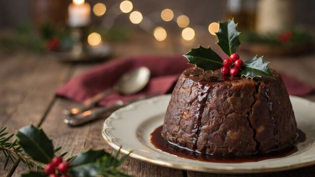 Delicious Christmas plum pudding with holly on a plate, festive holiday dessert tradition