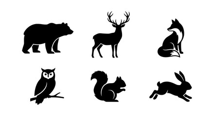 Fototapeta premium Forest Animals Silhouette Icons: Bear, Deer, Fox, Owl, Squirrel, Rabbit Vector Set