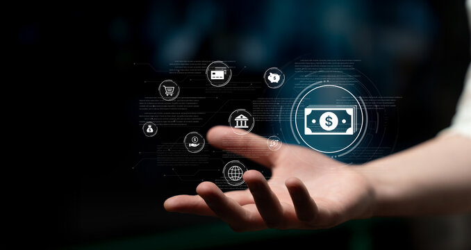 A fintech concept showing a network of digital banking services. This includes secure online payments, global transactions, and e-commerce for the modern financial system. Fermion