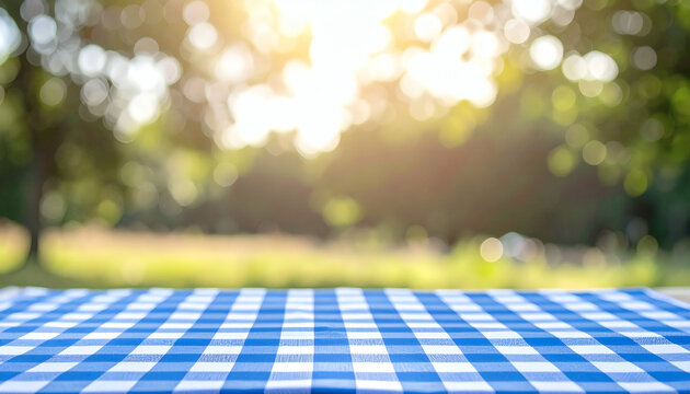 Blue checkered tablecloth on a wooden table surface outdoors with a blurred natural garden background and bright sun bokeh lighting