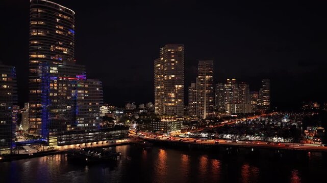 Aerial view on south pointe park. Landscape aerial Miami skyscraper architecture. Luxury skyscraper in evening city. Miami south beach aerial view at night. Landscape Miami south beach, Florida