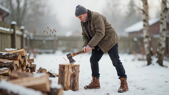 Man chopping wood with an axe in a snowy backyard on a cold winter day outdoors.