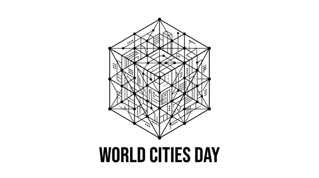 Abstract geometric cube with city skyline and connectivity lines