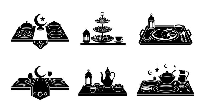 Ramadan Iftar Meal Icons, Islamic Celebration Food Service Set, Crescent Moon Dining Table