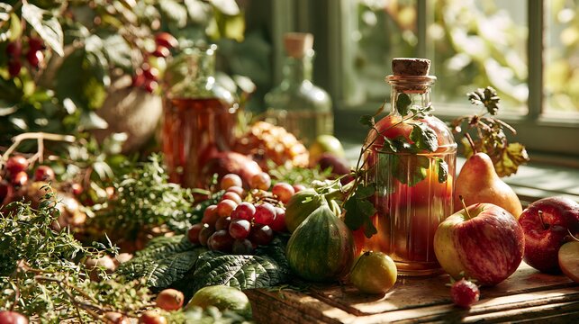 Late Summer Harvest Sunlit still life of apples, pears, figs, grapes and a corked glass bottle on a rustic wooden table
