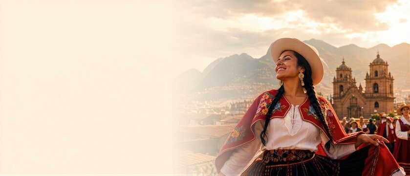 Peruvian woman in traditional costume celebrating Peru Independence Day. Girl in folk dress at sunset with mountain view and colonial architecture. Banner with copy space