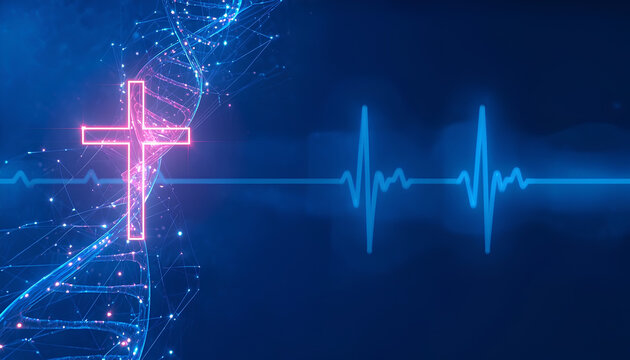 Christian cross with DNA strand and heartbeat line abstract background