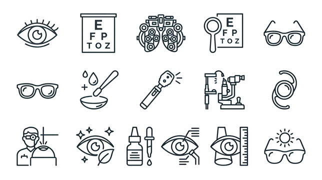 Eye Care and Vision Icons: Optometry, Ophthalmology, Eyeglasses, Lenses, Eye Exam