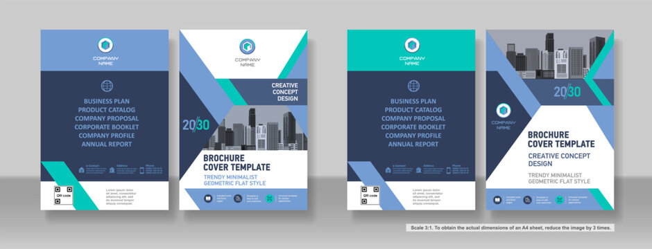 Brochure cover creative design. Multipurpose universal template, include cover and back pages. 
Trendy flat geometric style. Two sample layouts and color schemes. Vertical book a4 format. Scale 3:1