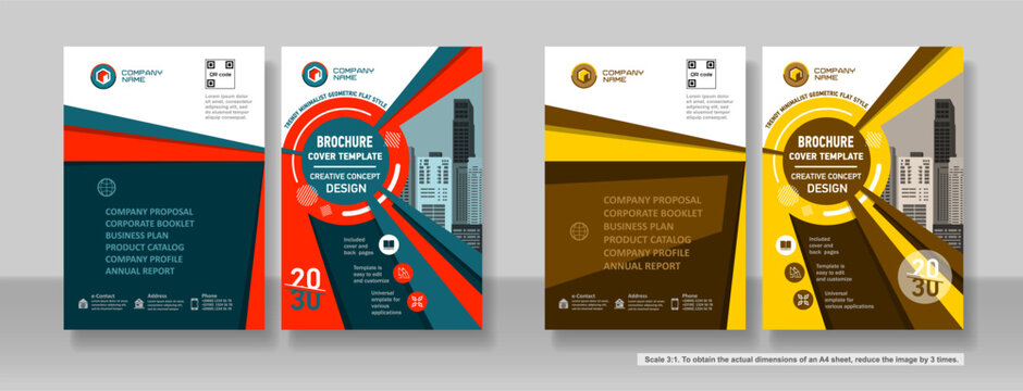 Brochure cover creative design. Multipurpose universal template, include cover and back pages. 
Trendy flat geometric style. Two sample layouts and color schemes. Vertical book a4 format. Scale 3:1
