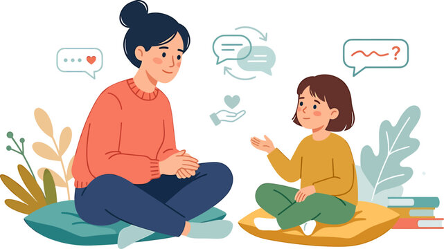 Flat illustration of a child psychologist or mother talking to a young girl on cushions with speech bubbles