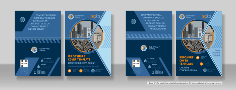 Brochure cover creative design. Multipurpose universal template, include cover and back pages. 
Trendy flat geometric style. Two sample layouts and color schemes. Vertical book a4 format. Scale 3:1