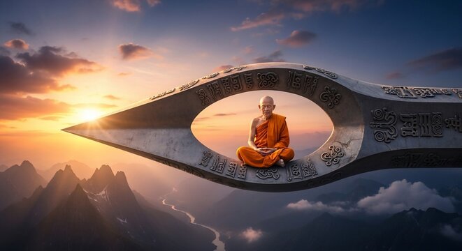 Monk meditation surreal landscape