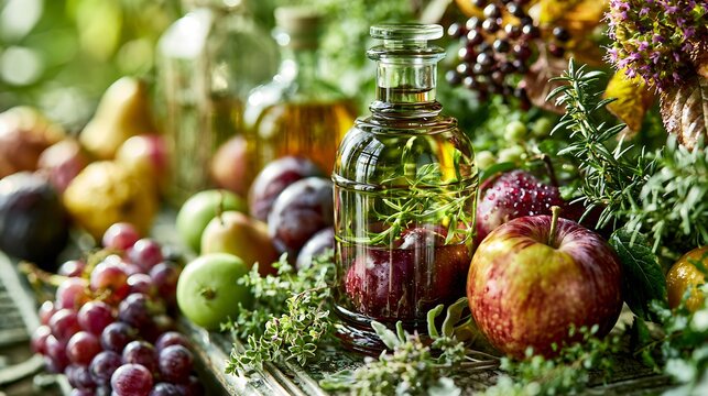 Late Summer Harvest Herb infused oil in a glass bottle surrounded by apples, grapes, plums and fresh rosemary and thyme on a rustic wooden table