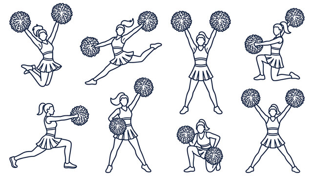 Cheerleader girls group line art set for sports spirit and high school pep rally designs.