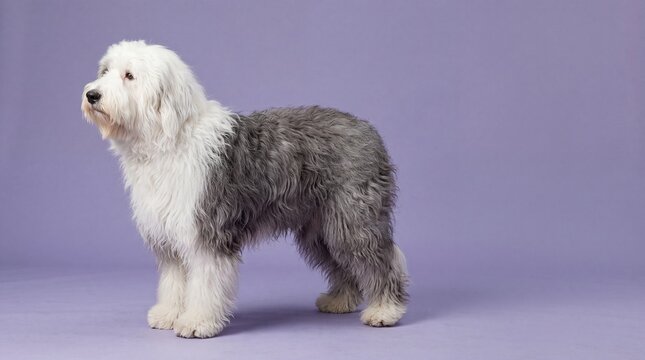 Fluffy Old English Sheepdog standing in profile against a solid purple studio background