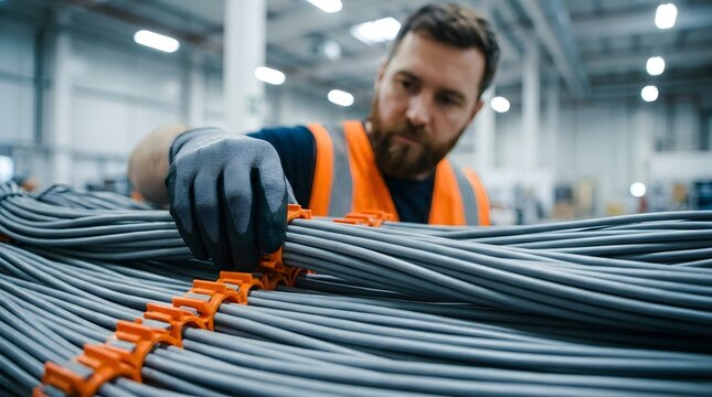 Focused industrial worker wearing safety gloves organizes thick gray electrical cables inside a brightly lit modern manufacturing facility for production