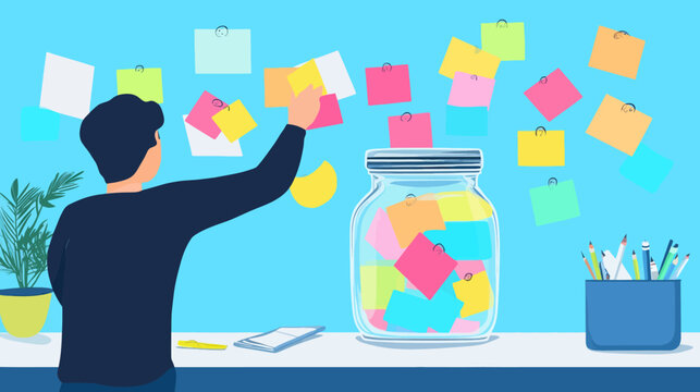 Person adding note to board and jar with colorful sticky notes