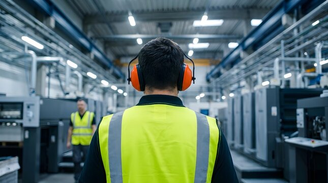 Professional factory worker wearing a bright yellow high visibility safety vest and protective orange ear muffs inside modern industrial facility