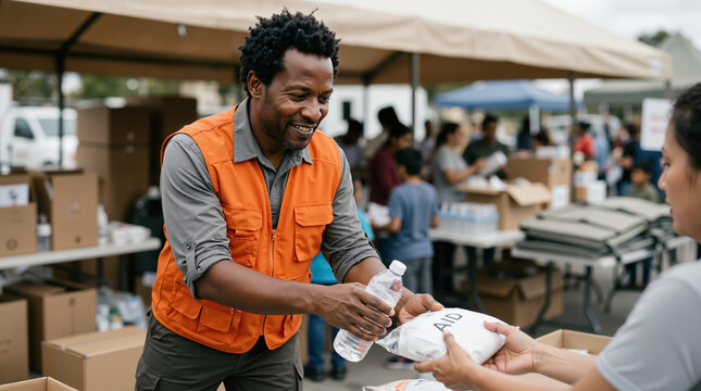 Disaster relief worker distributing emergency supplies at a temporary aid center. Humanitarian aid volunteer handing out water and food to a person in need