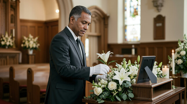 Funeral director arranging white lilies at a memorial display. Professional mortician preparing a tribute in a chapel