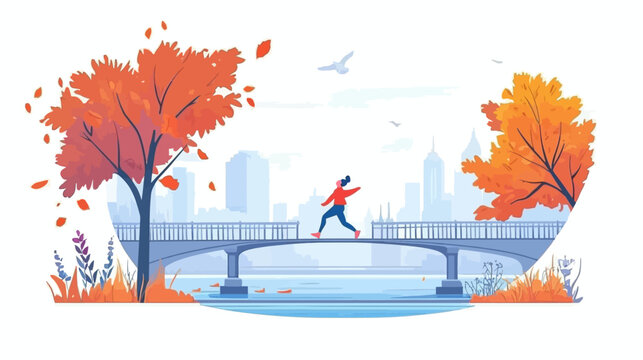 Person running on bridge with city and autumn trees
