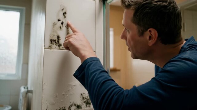 Man inspecting black mold growth on bathroom tiles. Homeowner checking for moisture damage and fungal contamination. Property maintenance and health hazard concept