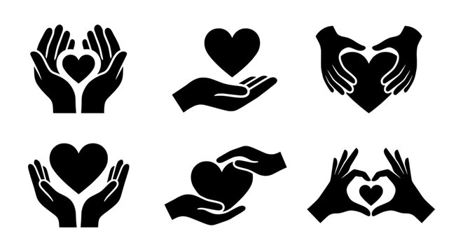 Heart Hands Icons Set, Love Care Support Symbols, Kindness Charity Vector Graphics