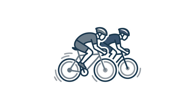 Two cyclists riding bicycles fast together.