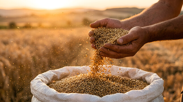 Farmer holding golden wheat grains in hands pouring into a sack during harvest at sunset