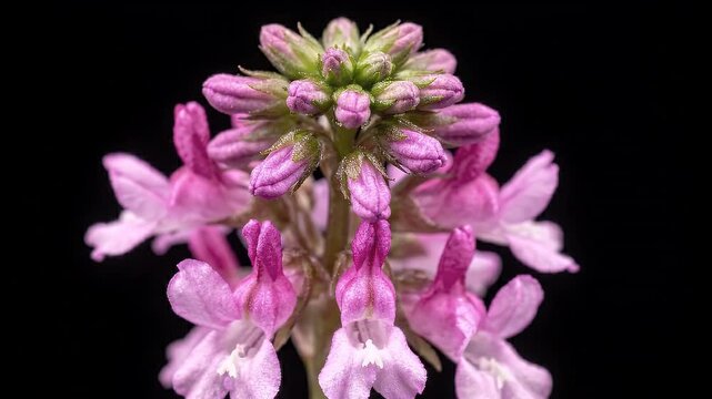 Top View Macro Shot Of Pink And Green Flower Bud Cluster On Black Background