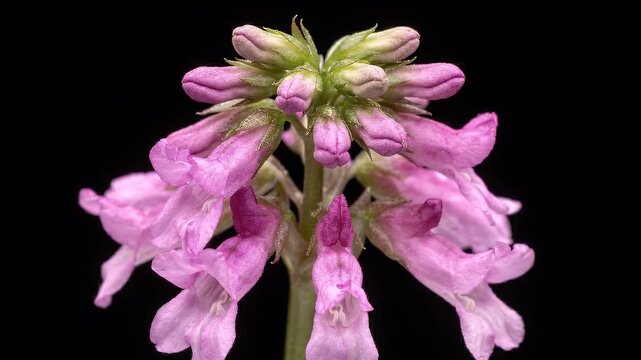 Detailed Macro View Of Opening Pink And Green Flower Buds On Black Background