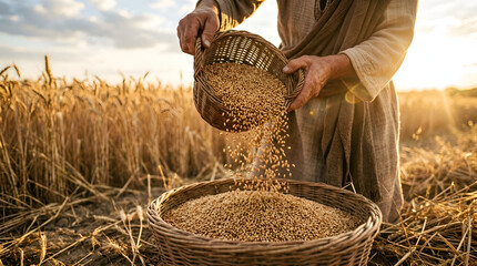 Farmer harvesting golden wheat grains from a fertile field at sunset