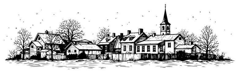 Fototapeta premium Vintage village landscape illustration engraving style old town architecture with houses and church steeple sketch vector