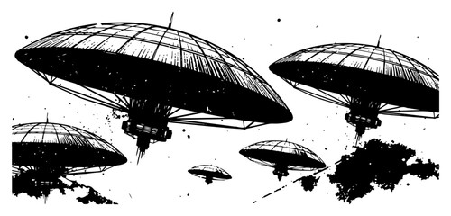 Futuristic flying dome station set vintage engraving style sci-fi UFO spaceship and celestial technology illustration © JakubVectorSketch