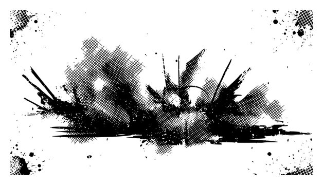 Massive explosion illustration vintage engraving style with debris and shards blast or impact destruction concept sketch
