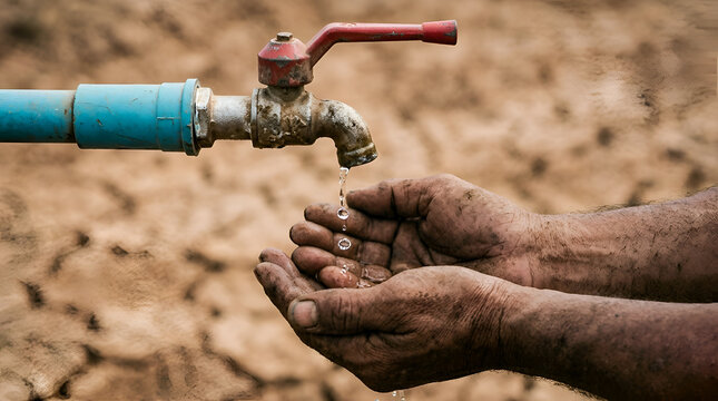 Drought and water scarcity A hand catching the last drops of water from a leaky faucet