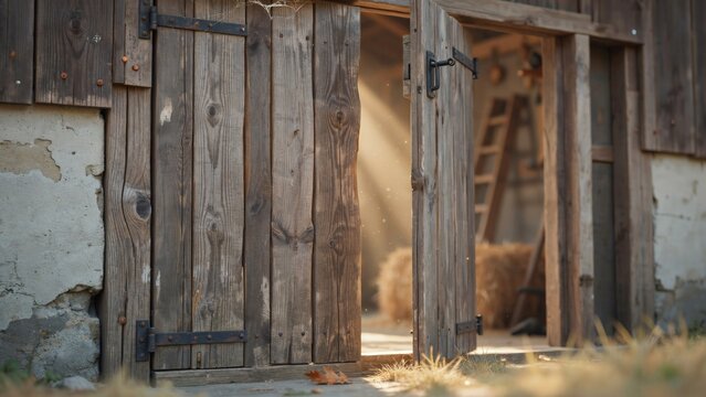 Rustic wooden barn door ajar, revealing hayloft interior with ladder and bales inside a countryside shed
