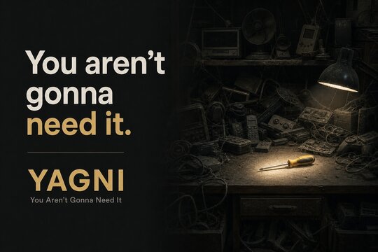 YAGNI Principle: A Metaphorical Typography Poster Illustrating Decluttering and Essentialism in a Cluttered Garage with Superfluous Gadgets.