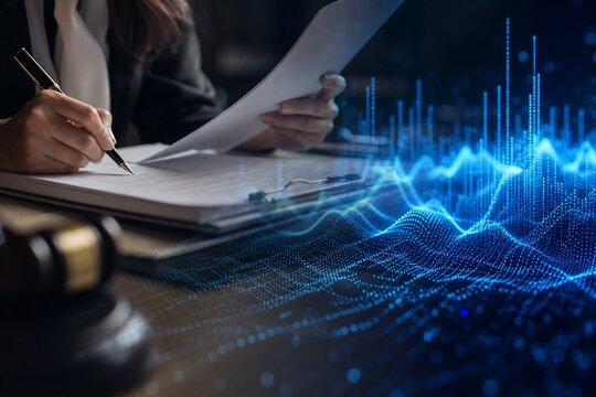 Attorney Examining Legal Documents with AI Waveform Visualization, Highlighting Legaltech and Justice System Processes.