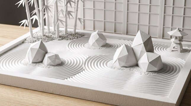 Minimalist Pure White Origami Art of a Zen Rock Garden