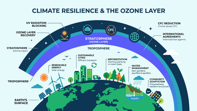 Climate resilience and ozone layer protection diagram, earth atmosphere structure with sustainability concepts, educational science graphic , stock vector