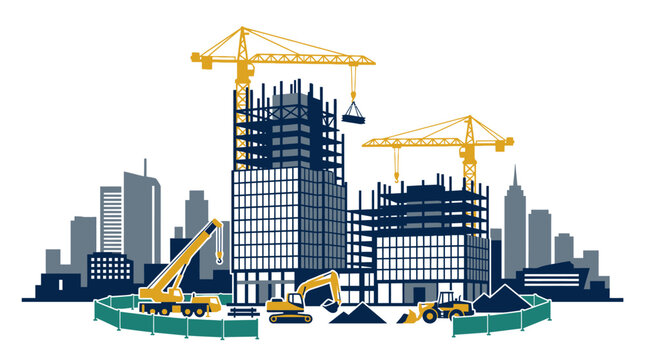 Construction site with cranes and buildings.