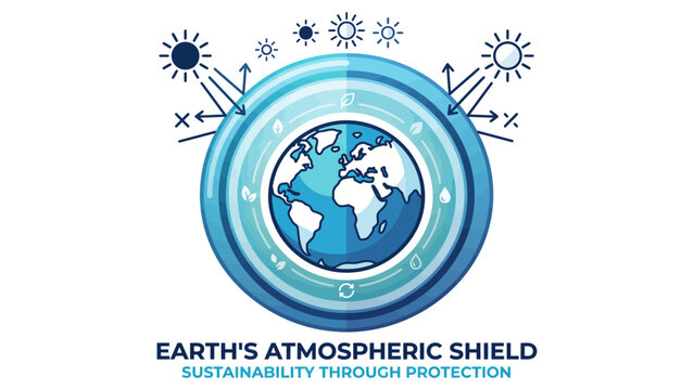 Earth atmospheric shield emblem, global sustainability and environmental protection concept, sun radiation deflection graphic, flat outline design , stock vector